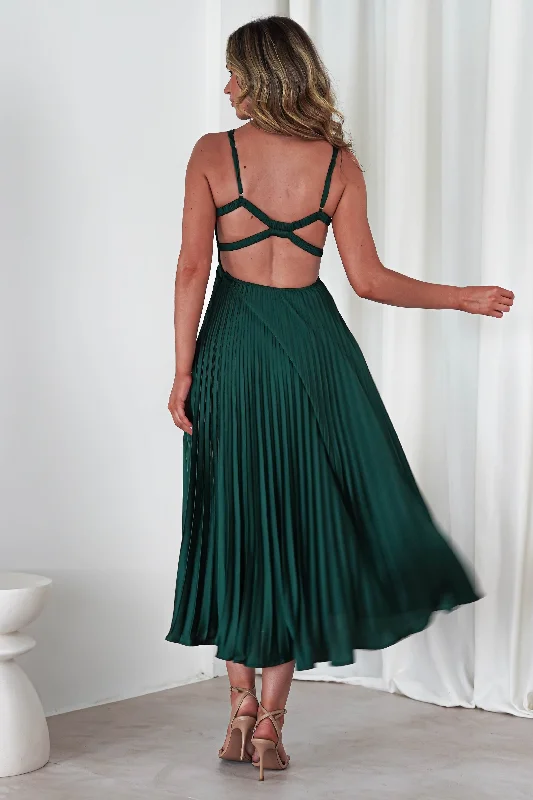 Midi dresses with button - down skirts for a unique and functional design Cheri Pleated Midaxi Dress | Forest Green Midi dresses with button - down skirts for a unique and functional design Cheri Pleated Midaxi Dress | Forest Green