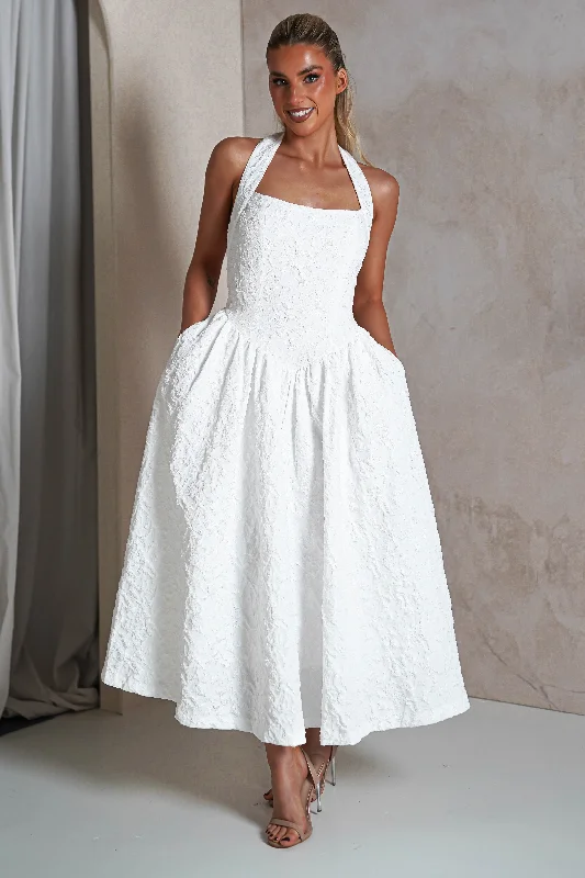 Midi dresses with pleated skirts for a timeless and elegant appeal Margot Textured Midaxi Dress | White Midi dresses with pleated skirts for a timeless and elegant appeal Margot Textured Midaxi Dress | White