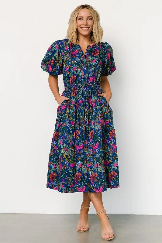 Sleeveless midi dresses with lace details for summer weddings Karol Puff Sleeve Midi Dress | Blue Multi Sleeveless midi dresses with lace details for summer weddings Karol Puff Sleeve Midi Dress | Blue Multi
