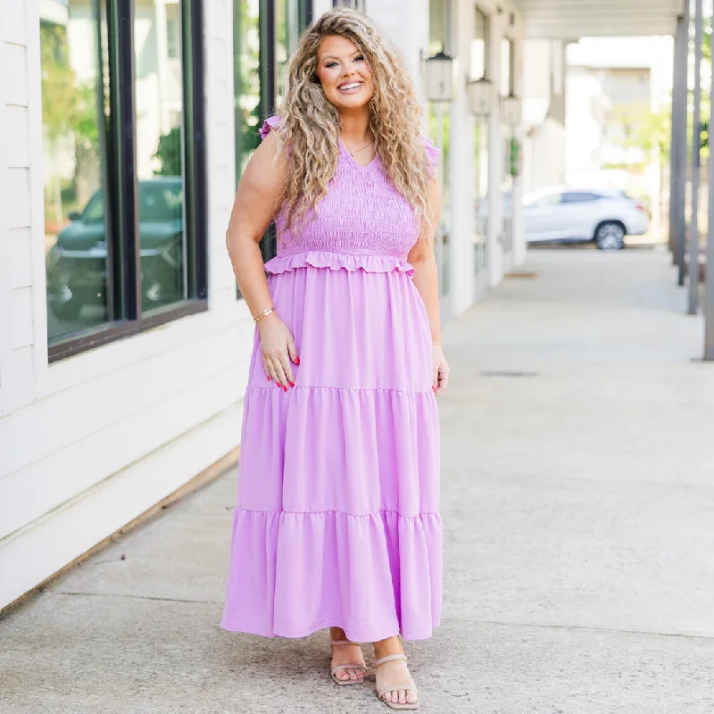 Midi dresses with empire waists for a flattering maternity option Untamed Beauty Midi Dress, Lavender Midi dresses with empire waists for a flattering maternity option Untamed Beauty Midi Dress, Lavender