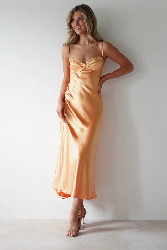 Midi dresses with gathered skirts for a full and flowing silhouette Ricci Soft Satin Maxi Dress | Melon Midi dresses with gathered skirts for a full and flowing silhouette Ricci Soft Satin Maxi Dress | Melon