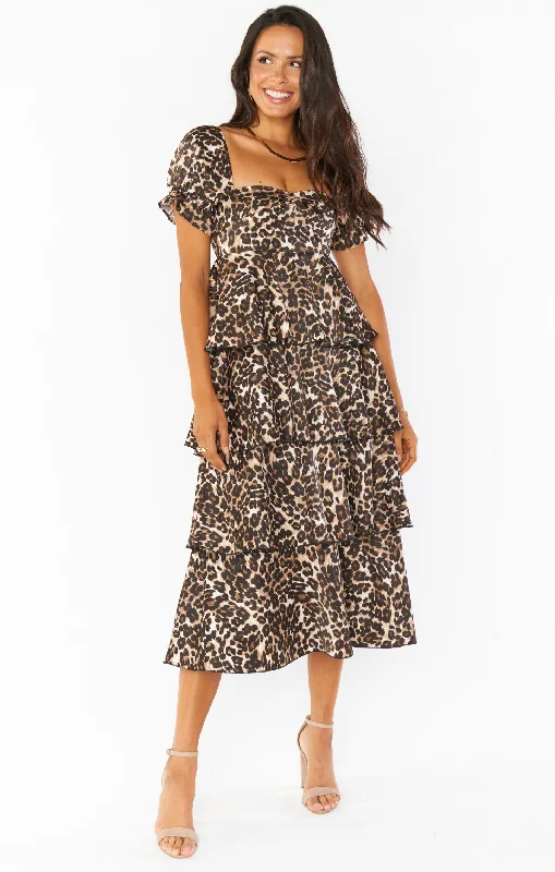 Midi dresses with ruched sleeves for a more fitted and stylish arm look Charleston Ruffle Midi Dress ~ Lovely Leopard Midi dresses with ruched sleeves for a more fitted and stylish arm look Charleston Ruffle Midi Dress ~ Lovely Leopard