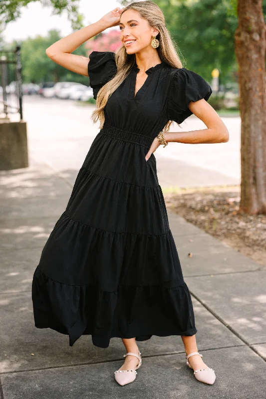 A - line midi dresses with floral prints for spring brunches Coming Back For You Black Tiered Midi Dress A - line midi dresses with floral prints for spring brunches Coming Back For You Black Tiered Midi Dress