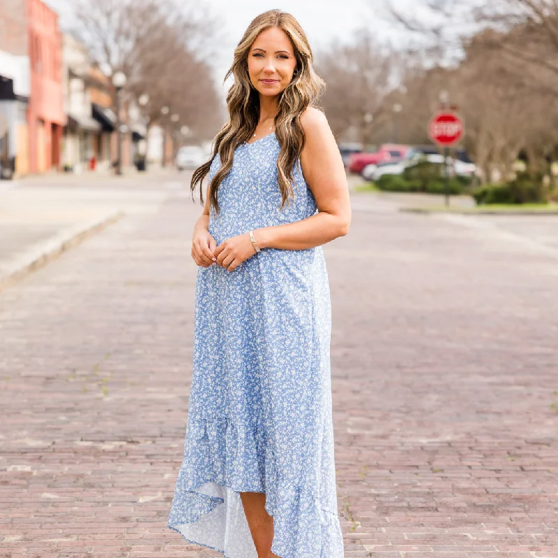 Maxi - inspired midi dresses with flowing fabrics for a beachy vibe Playing It Safe Dress, White-Blue Maxi - inspired midi dresses with flowing fabrics for a beachy vibe Playing It Safe Dress, White-Blue