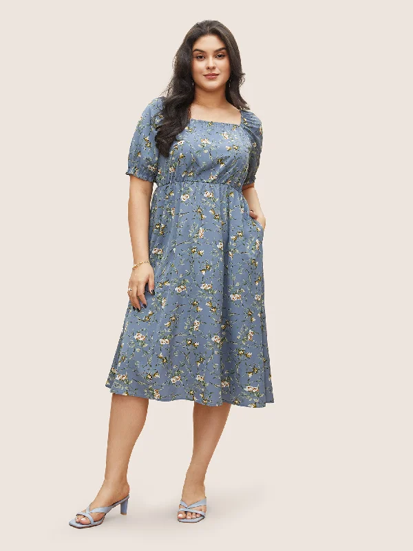 Midi dresses with cold - shoulder cutouts for a trendy style Ditsy Floral Square Neck Elastic Waist Gathered Dress Midi dresses with cold - shoulder cutouts for a trendy style Ditsy Floral Square Neck Elastic Waist Gathered Dress