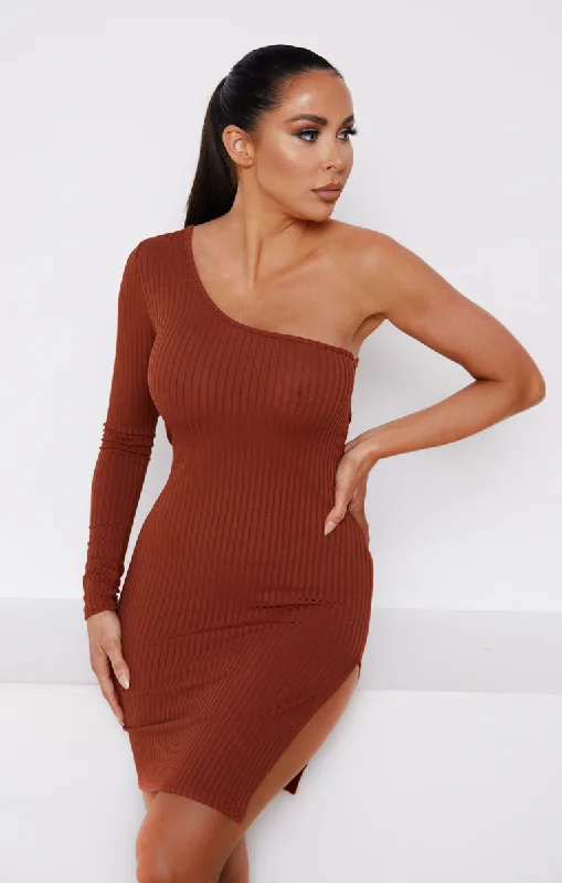 Mini dresses with bow accents for a sweet look Chocolate Ribbed One Shoulder Long Sleeve Side Split Bodycon Mini Dress - Maren Mini dresses with bow accents for a sweet look Chocolate Ribbed One Shoulder Long Sleeve Side Split Bodycon Mini Dress - Maren