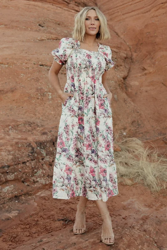 Midi dresses with one - shoulder designs for a modern and asymmetric style Tulsa Smocked Dress | Cream + Pink Midi dresses with one - shoulder designs for a modern and asymmetric style Tulsa Smocked Dress | Cream + Pink