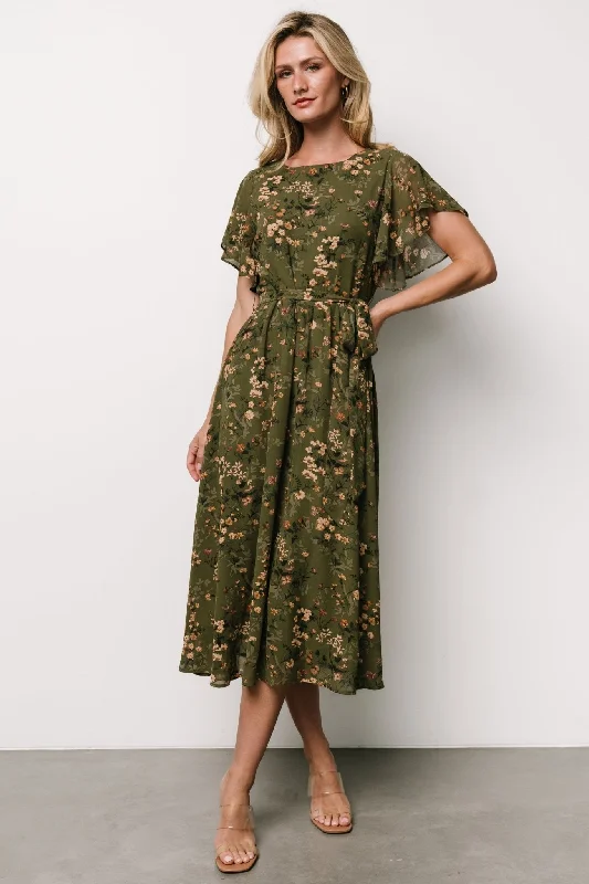 Midi dresses with V - necklines for a flattering and elongating effect Laurel Midi Dress | Olive Floral Midi dresses with V - necklines for a flattering and elongating effect Laurel Midi Dress | Olive Floral