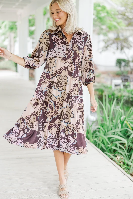 Midi dresses with tassel accents for a bohemian and free - spirited style Here For The Day Brown Floral Midi Dress Midi dresses with tassel accents for a bohemian and free - spirited style Here For The Day Brown Floral Midi Dress