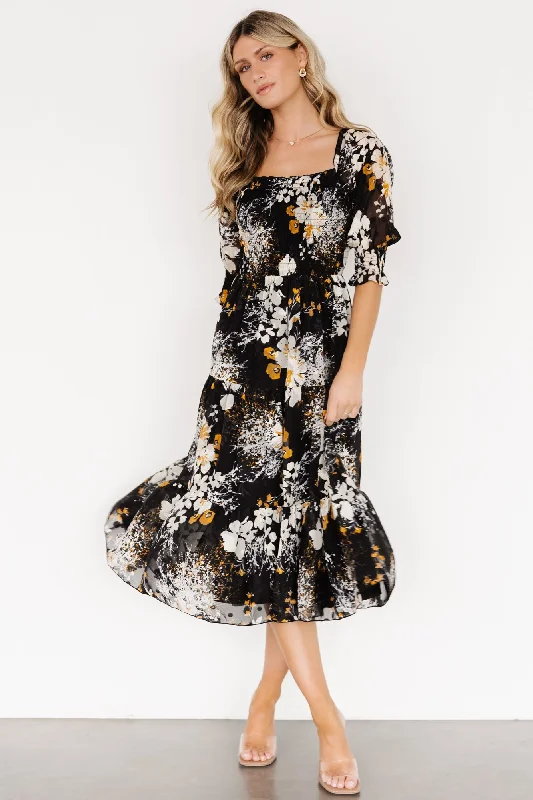 Midi dresses with bow accents for a sweet and charming look Fabian Jacquard Midi Dress | Black Floral Midi dresses with bow accents for a sweet and charming look Fabian Jacquard Midi Dress | Black Floral