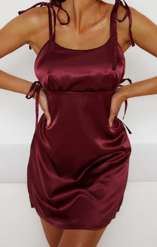Mini dresses with tiered skirts for added volume Wine Satin Ruched Bust Tie Detail Mini Dress - Azaria Mini dresses with tiered skirts for added volume Wine Satin Ruched Bust Tie Detail Mini Dress - Azaria