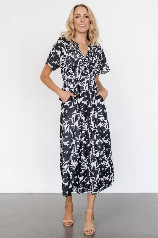 Midi dresses with gathered skirts for a full and flowing silhouette Annise Midi Dress | Black Floral Midi dresses with gathered skirts for a full and flowing silhouette Annise Midi Dress | Black Floral