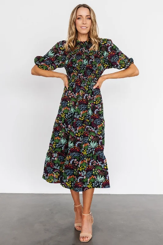Plaid midi dresses for a fall - themed family gathering Lena Tiered Midi Dress | Black Multi Floral Plaid midi dresses for a fall - themed family gathering Lena Tiered Midi Dress | Black Multi Floral