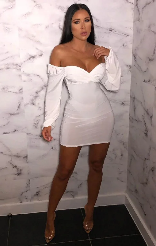 Cotton mini dresses for a comfortable everyday option White Slinky Balloon Sleeve Bardot Mini Dress - Meghan Cotton mini dresses for a comfortable everyday option White Slinky Balloon Sleeve Bardot Mini Dress - Meghan