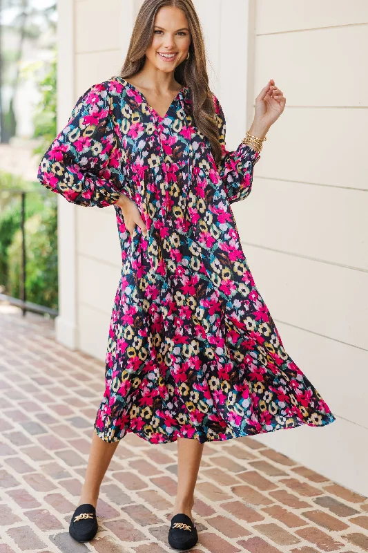 Maxi - inspired midi dresses with flowing fabrics for a beachy vibe High Ambitions Navy Blue Floral Midi Dress Maxi - inspired midi dresses with flowing fabrics for a beachy vibe High Ambitions Navy Blue Floral Midi Dress