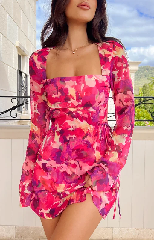 Strapless mini dresses for a beach vacation Lucy Pink Print Long Sleeve Mini Dress