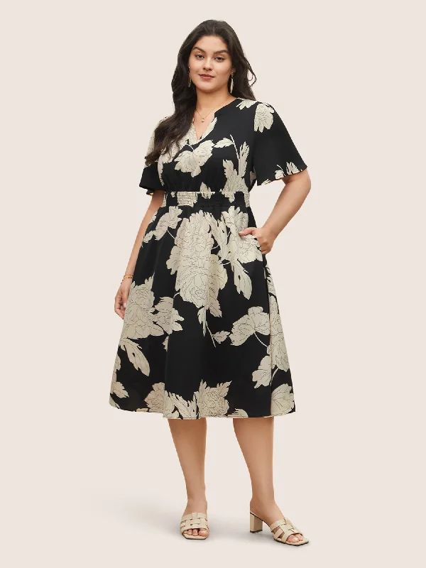 Midi dresses with asymmetric hems for a fashion - forward and dynamic appearance Floral Print Notched Belted Flutter Sleeve Dress Midi dresses with asymmetric hems for a fashion - forward and dynamic appearance Floral Print Notched Belted Flutter Sleeve Dress