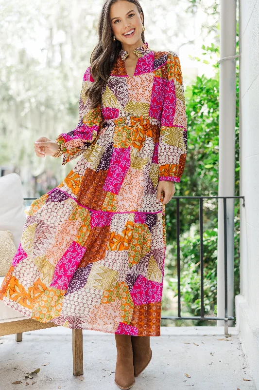 Midi dresses with asymmetric hems for a fashion - forward and dynamic appearance Fate: Happy For You Fuchsia Pink Patchwork Midi Dress Midi dresses with asymmetric hems for a fashion - forward and dynamic appearance Fate: Happy For You Fuchsia Pink Patchwork Midi Dress