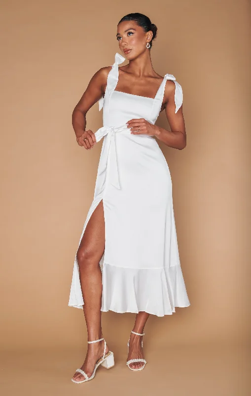 Midi dresses with belted waists to accentuate the figure Garden Midi Dress ~ Ivory Luxe Satin Midi dresses with belted waists to accentuate the figure Garden Midi Dress ~ Ivory Luxe Satin
