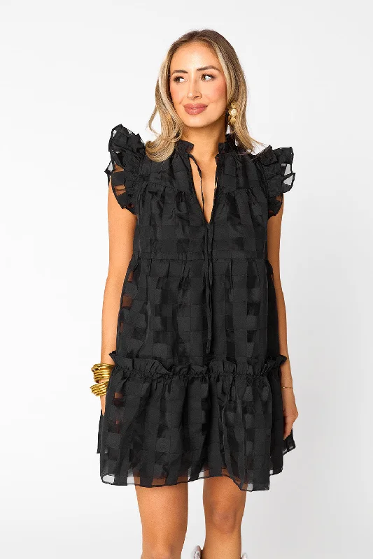 Mini dresses with empire waists for a flattering fit Aubrey Ruffle Shoulder Short Dress - Black Mini dresses with empire waists for a flattering fit Aubrey Ruffle Shoulder Short Dress - Black
