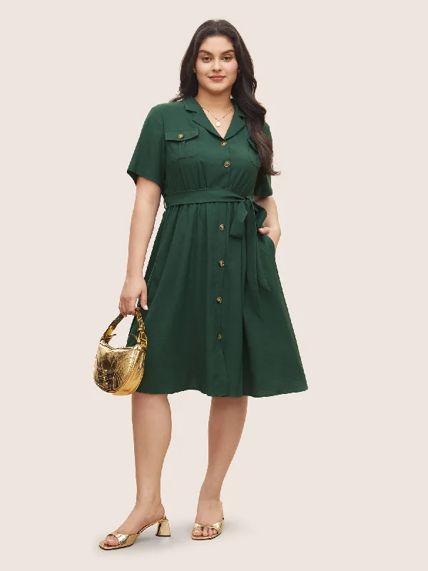 Midi dresses with patchwork patterns for a one - of - a - kind style Plain Suit Collar Belted Flap Detail Dress Midi dresses with patchwork patterns for a one - of - a - kind style Plain Suit Collar Belted Flap Detail Dress