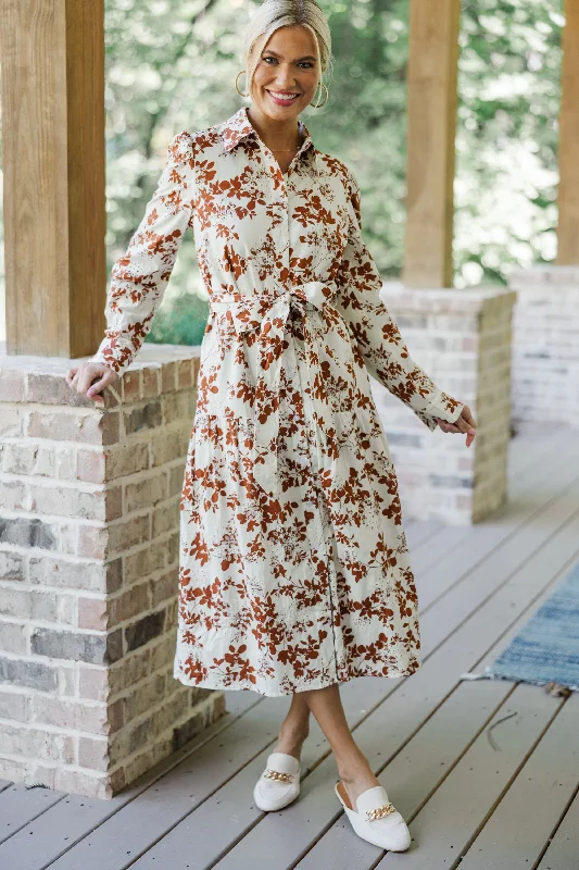 Midi dresses with tiered skirts for a bohemian festival look Fate: On Call Ivory/Brown Floral Midi Dress Midi dresses with tiered skirts for a bohemian festival look Fate: On Call Ivory/Brown Floral Midi Dress