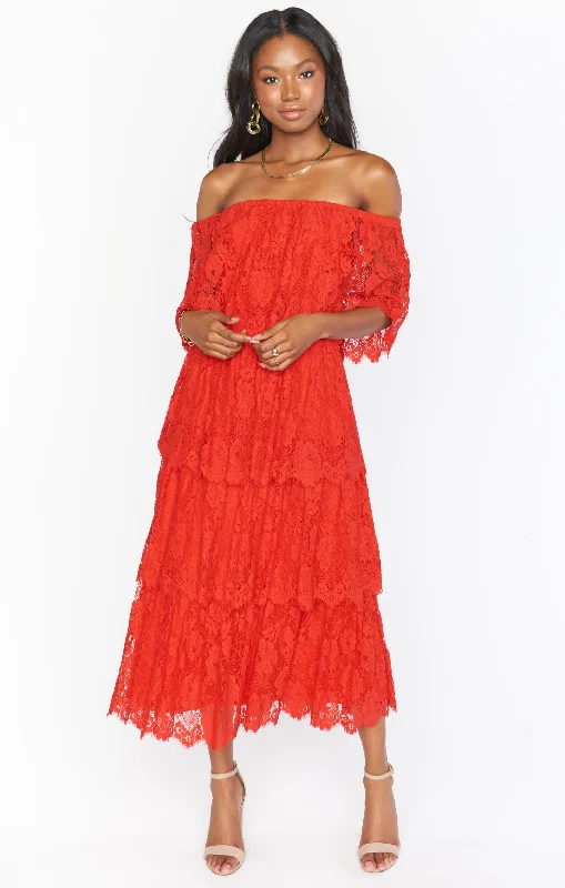 High - low midi dresses with geometric patterns for a modern party Lana Midi Dress ~ Red Spring Fling Lace High - low midi dresses with geometric patterns for a modern party Lana Midi Dress ~ Red Spring Fling Lace