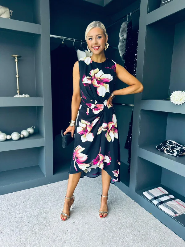 Midi dresses with abstract art prints for an artistic statement Jodie Floral Print Gathered Midi Dress With Shoulder Pads Midi dresses with abstract art prints for an artistic statement Jodie Floral Print Gathered Midi Dress With Shoulder Pads