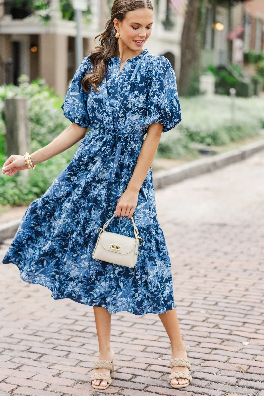 Midi dresses with fringe details for a fun and energetic style It's A Match Navy Toile Midi Dress Midi dresses with fringe details for a fun and energetic style It's A Match Navy Toile Midi Dress
