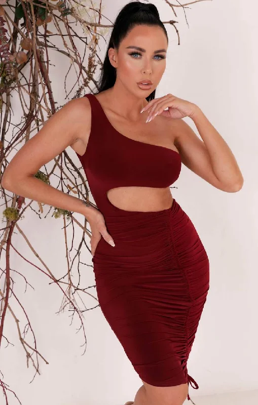 Mini dresses with high - low hems for a modern twist Wine Cut Out Slinky One Shoulder Ruched Bodycon Mini Dress - Florence Mini dresses with high - low hems for a modern twist Wine Cut Out Slinky One Shoulder Ruched Bodycon Mini Dress - Florence