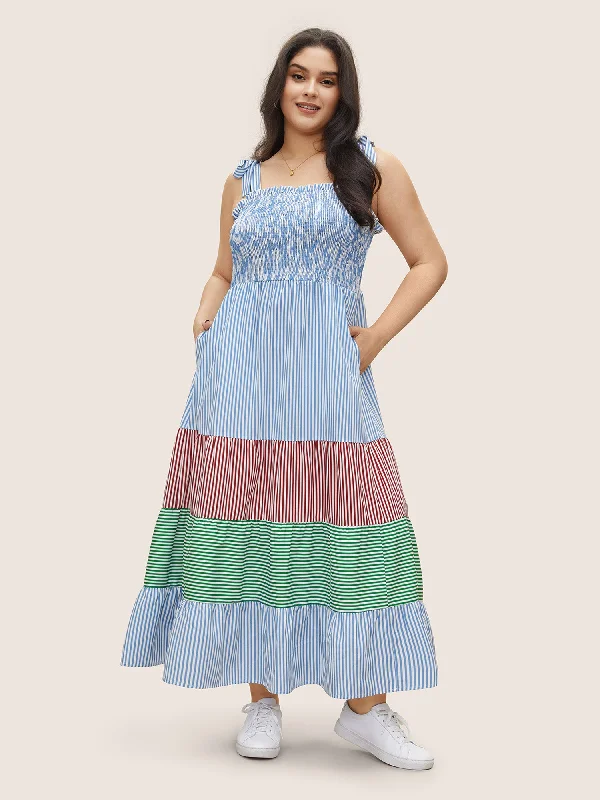 Midi dresses with button - down skirts for a unique and functional design Contrast Striped Patchwork Shirred Ties Dress Midi dresses with button - down skirts for a unique and functional design Contrast Striped Patchwork Shirred Ties Dress