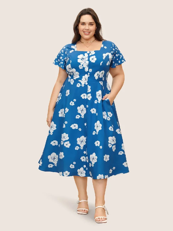 Midi dresses with button - down skirts for a unique and functional design Square Neck Natural Flowers Ruffle Sleeve Dress Midi dresses with button - down skirts for a unique and functional design Square Neck Natural Flowers Ruffle Sleeve Dress