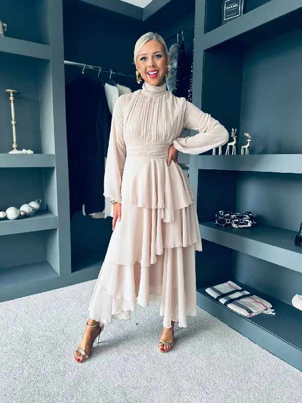 Wrap - style midi dresses in silk for a sophisticated office look Remi Layered Occasion Midi Dress Cream Wrap - style midi dresses in silk for a sophisticated office look Remi Layered Occasion Midi Dress Cream