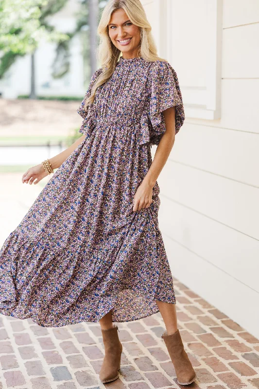 Midi dresses with off - the - shoulder necklines for a flirty look All The Good Plum Ditsy Floral Ruffled Midi Dress Midi dresses with off - the - shoulder necklines for a flirty look All The Good Plum Ditsy Floral Ruffled Midi Dress