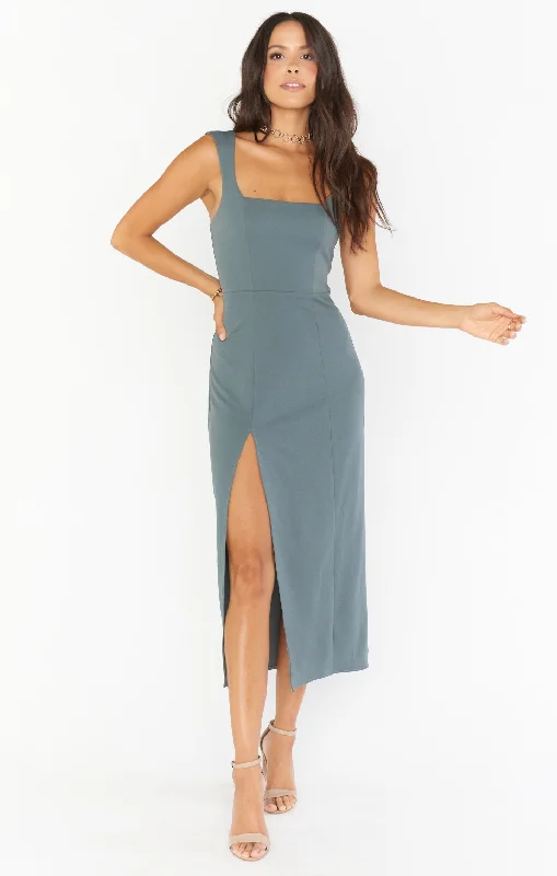 Midi dresses with ruffled sleeves for a more feminine and voluminous look Eden Midi Dress ~ Dusty Sage Stretch Midi dresses with ruffled sleeves for a more feminine and voluminous look Eden Midi Dress ~ Dusty Sage Stretch