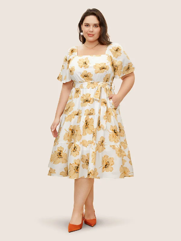 Maxi - inspired midi dresses with flowing fabrics for a beachy vibe Square Neck Floral Raglan Sleeve Belted Dress Maxi - inspired midi dresses with flowing fabrics for a beachy vibe Square Neck Floral Raglan Sleeve Belted Dress