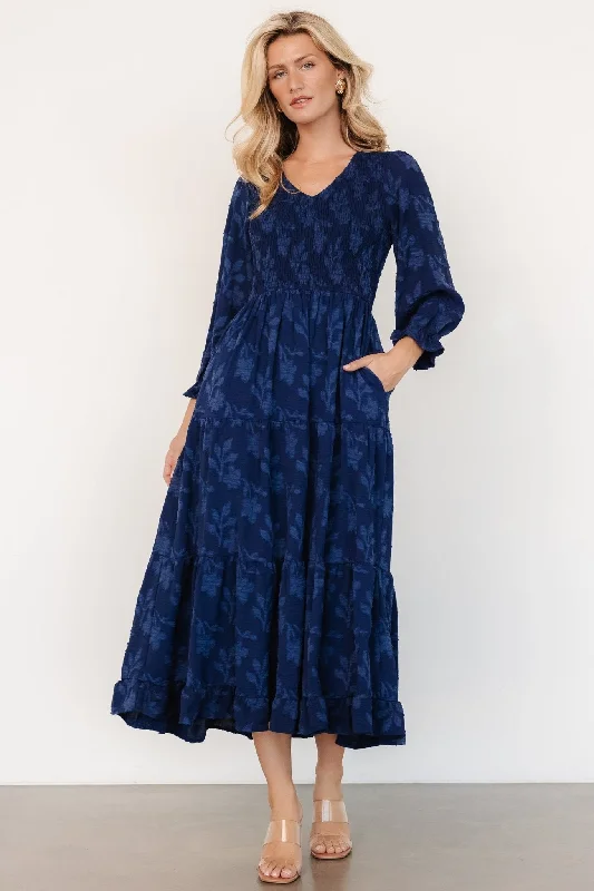 Midi dresses with ruffled bodices for a more pronounced feminine look Aubrey Smocked Midi Dress | Navy Floral Midi dresses with ruffled bodices for a more pronounced feminine look Aubrey Smocked Midi Dress | Navy Floral