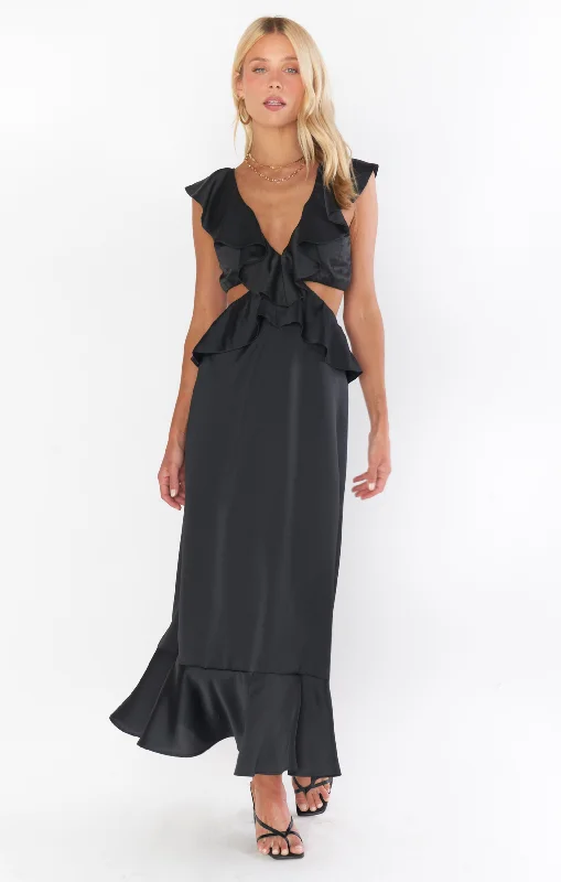 Midi dresses with asymmetric hems for a fashion - forward and dynamic appearance Zoey Midi Dress ~ Black Luxe Satin Midi dresses with asymmetric hems for a fashion - forward and dynamic appearance Zoey Midi Dress ~ Black Luxe Satin