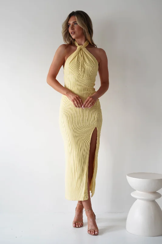 Midi dresses with cold - shoulder cutouts for a trendy style Bernice Ribbed Midaxi Dress | Yellow Midi dresses with cold - shoulder cutouts for a trendy style Bernice Ribbed Midaxi Dress | Yellow