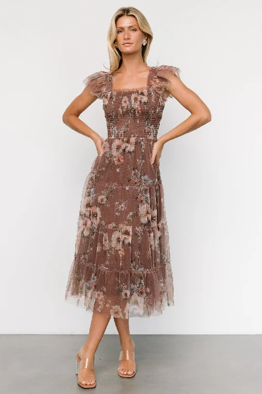 Midi dresses with ruched sleeves for a more fitted and stylish arm look Clementine Tulle Midi Dress | Vintage Taupe Floral Midi dresses with ruched sleeves for a more fitted and stylish arm look Clementine Tulle Midi Dress | Vintage Taupe Floral