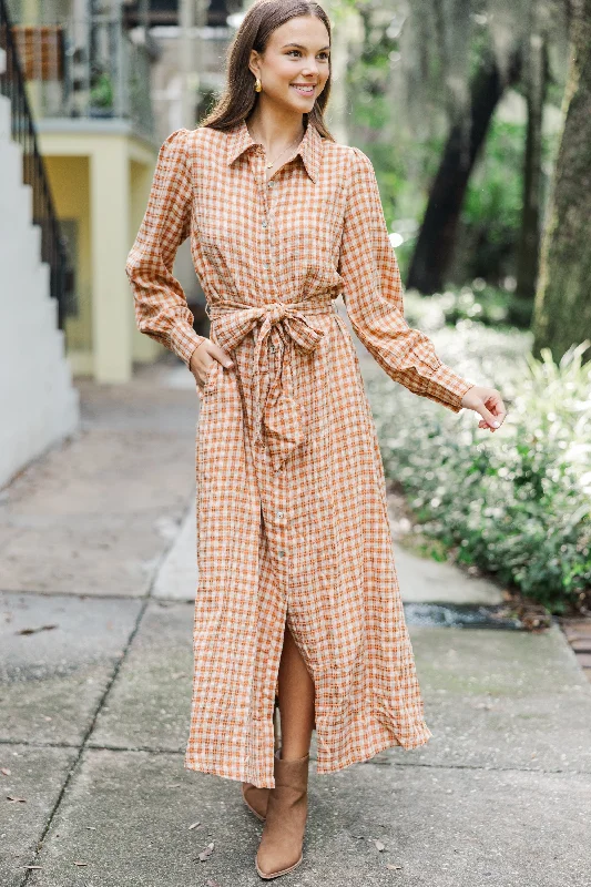 Midi dresses with printed lining for a hidden and stylish detail Harvest Wishes Rust Orange Gingham Midi Dress Midi dresses with printed lining for a hidden and stylish detail Harvest Wishes Rust Orange Gingham Midi Dress