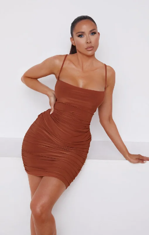 Printed mini dresses for a casual day out Pale Chocolate Ruched Cowl Neck Bodycon Mini Dress - Sofie Printed mini dresses for a casual day out Pale Chocolate Ruched Cowl Neck Bodycon Mini Dress - Sofie