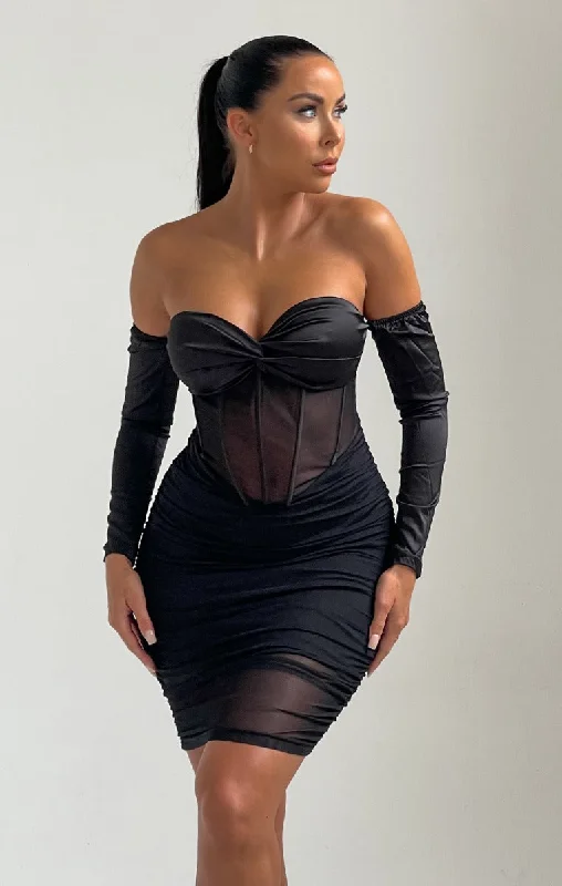 Mini dresses with gathered skirts for a voluminous effect Black Off The Shoulder Cup Detail Mesh Mini Dress - Karina Mini dresses with gathered skirts for a voluminous effect Black Off The Shoulder Cup Detail Mesh Mini Dress - Karina