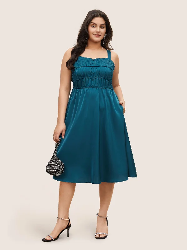 Midi dresses with ruffled hems for a romantic date night Satin Solid Gathered Button Detail Cami Dress Midi dresses with ruffled hems for a romantic date night Satin Solid Gathered Button Detail Cami Dress