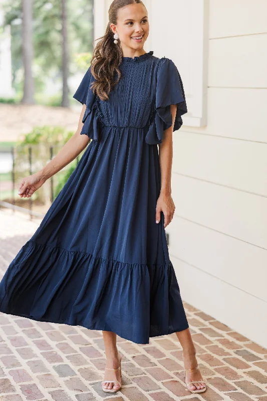 Midi dresses with empire waists for a flattering maternity option All The Good Navy Blue Ruffled Midi Dress Midi dresses with empire waists for a flattering maternity option All The Good Navy Blue Ruffled Midi Dress