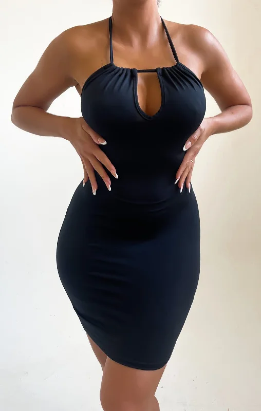 Mini dresses with V - necklines for a flattering shape Black Ruched Halter Neck Cut Out Bodycon Mini Dress - Quila Mini dresses with V - necklines for a flattering shape Black Ruched Halter Neck Cut Out Bodycon Mini Dress - Quila