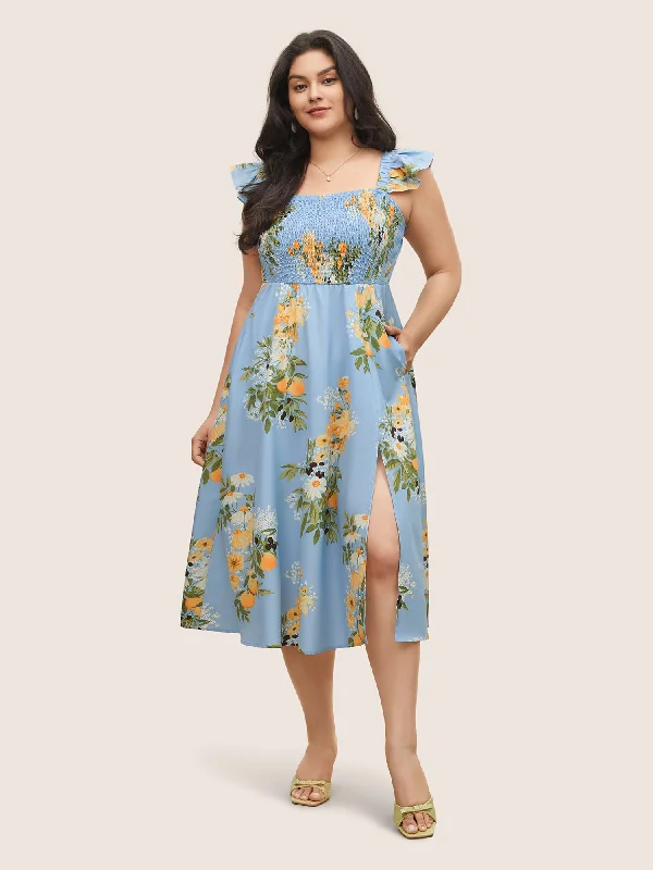 Midi dresses with V - necklines for a flattering and elongating effect Citrus Oranges Print Shirred Ruffle Trim Split Hem Dress Midi dresses with V - necklines for a flattering and elongating effect Citrus Oranges Print Shirred Ruffle Trim Split Hem Dress
