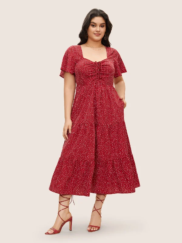 Midi dresses with V - necklines for a flattering and elongating effect Polka Dot Drawstring Ruffle Tiered Ruched Pocket Midi Dress Midi dresses with V - necklines for a flattering and elongating effect Polka Dot Drawstring Ruffle Tiered Ruched Pocket Midi Dress