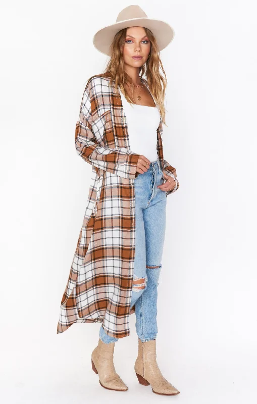 Midi dresses with puff sleeves for a vintage - inspired look Leo Button Down Tunic ~ Tan Plaid Midi dresses with puff sleeves for a vintage - inspired look Leo Button Down Tunic ~ Tan Plaid