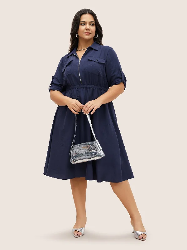 Midi dresses with ribbed textures for a unique and tactile appearance Flap Pocket Half Zip Tab Sleeve Dress Midi dresses with ribbed textures for a unique and tactile appearance Flap Pocket Half Zip Tab Sleeve Dress